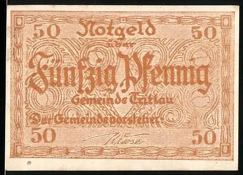 Notgeld Trittau, 50 Pfennig, Gemeinde Trittau Gebäudeabbildung, braun, gültig für 50 Pfennig, Schleswig-Holstein