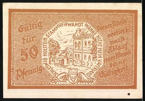 Notgeld Trittau, 50 Pfennig, Gemeinde Trittau Gebäudeabbildung, braun, gültig für 50 Pfennig, Schleswig-Holstein