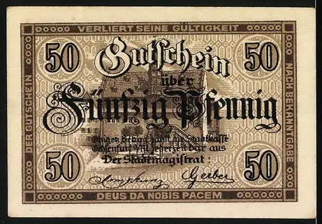 Notgeld Ochsenfurt am Main, 1914-1919, 50 Pfennig, Stadtmagistrat Ochsenfurt und Burgmotiv