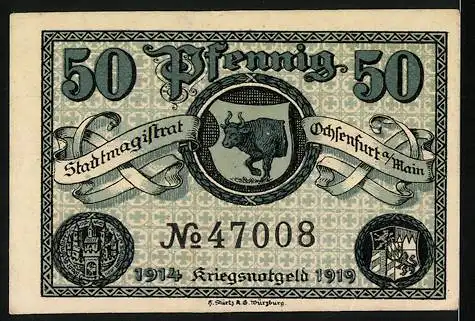 Notgeld Ochsenfurt am Main 1919, 50 Pfennig, Gutschein über Fünfzig Pfennig, Stadtmagistrat, Kriegsnotgeld