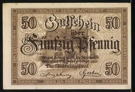 Notgeld Ochsenfurt am Main, 1914, 50 Pfennig, Kriegsnotgeld mit Ochsenmotiv und Siegel des Stadtrats