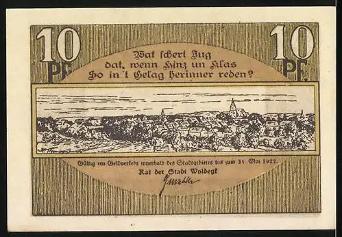 Notgeld Woldegk, 10 Pf, Vorderseite mit Stadtansicht und Reutergeld, Rückseite mit Stadtansicht und Text