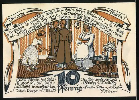 Notgeld Klütz, 1921, 10 Pfennig, Eule auf Ast und Szene mit Figuren in einem Raum
