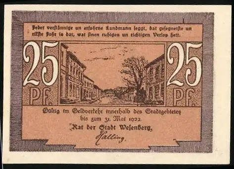 Notgeld Wesenberg 1922, 25 Pfennig, Gebäudeansicht mit Bäumen, Rückseite Turm mit Bäumen