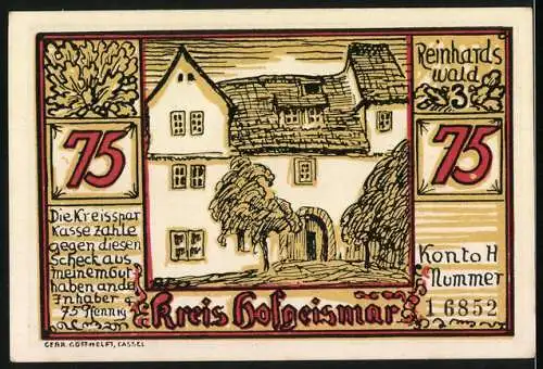Notgeld Hofgeismar, 75 Pfennig, Sababurg im Reinhardswald und Gebäude mit Bäumen