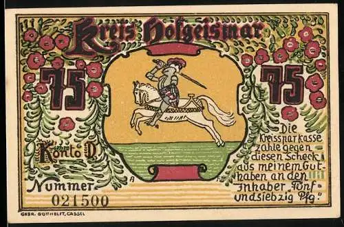 Notgeld Hofgeismar, 75 Pfennig, Ritter auf Pferd, Wappen, Burgansicht Grebenstein