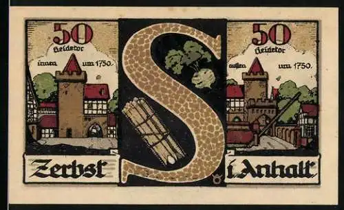 Notgeld Zerbst 1921, 50 Pf, zwei Ansichten von Stadttor und Wappen, Gültigkeit 3 Monate ab Ausgabedatum