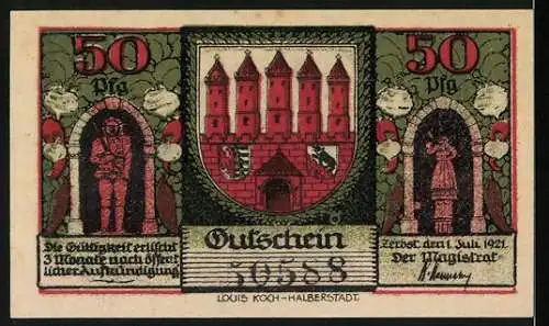 Notgeld Zerbst 1921, 50 Pf, zwei Ansichten von Stadttor und Wappen, Gültigkeit 3 Monate ab Ausgabedatum