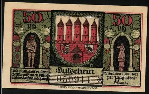 Notgeld Zerbst, 1921, 50 Pf, Gutschein mit Rathaus und Teufels Haus, Serie 050914