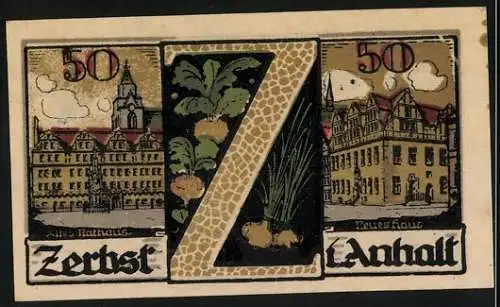 Notgeld Zerbst, 1921, 50 Pf, Gutschein mit Rathaus und Teufels Haus, Serie 050914