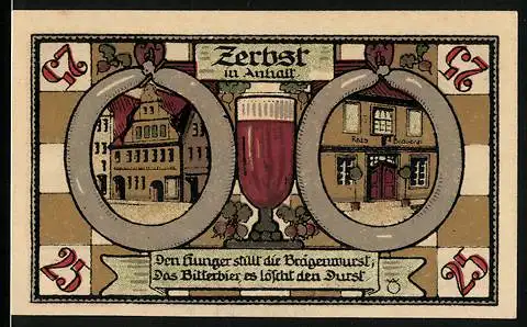 Notgeld Zerbst, 1921, 25 Pfennig, mit Stadtansicht und Bierglas, Burg und Figuren, Gutscheinnummer 050271