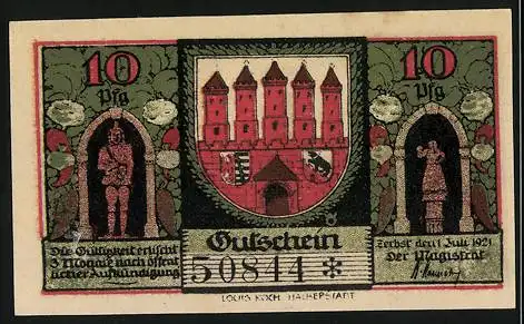 Notgeld Zerbst in Anhalt 1921, 10 Pfennig, Museum und Stadtansicht Gutschein