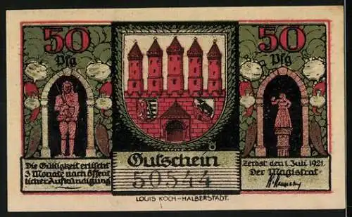 Notgeld Zerbst 1921, 50 Pfennig, Stadtansichten und historische Figuren, mit Seriennummer 50544