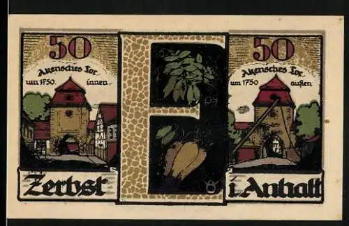 Notgeld Zerbst 1921, 50 Pfennig, Stadtansichten und historisches Gebäude