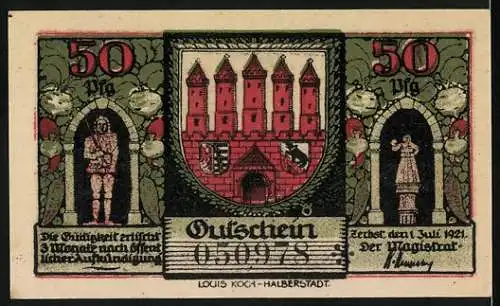 Notgeld Zerbst 1921, 50 Pfennig, Stadtansichten und historisches Gebäude