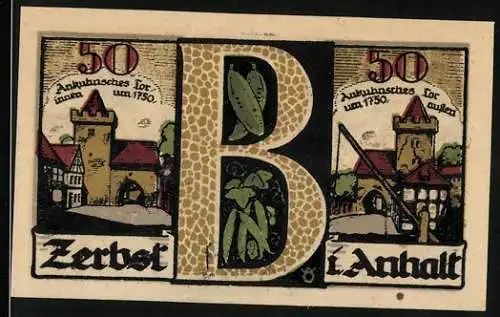 Notgeld Zerbst 1921, 50 Pfennig, historische Gebäude mit zentralem Buchstaben B und Illustrationen