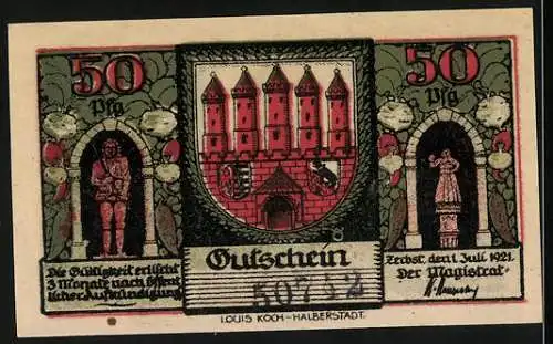 Notgeld Zerbst 1921, 50 Pfennig, historische Gebäude mit zentralem Buchstaben B und Illustrationen