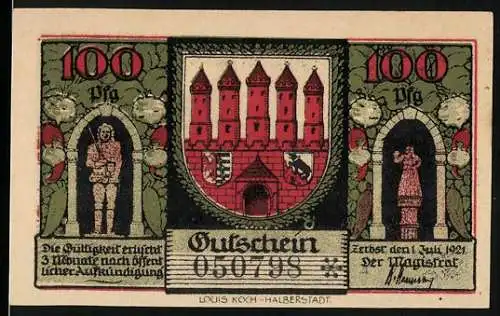 Notgeld Zerbst, 1921, 100 Pf, Vorderseite zeigt Burg und Ritter, Rückseite zeigt Marktszene und Stadtansicht