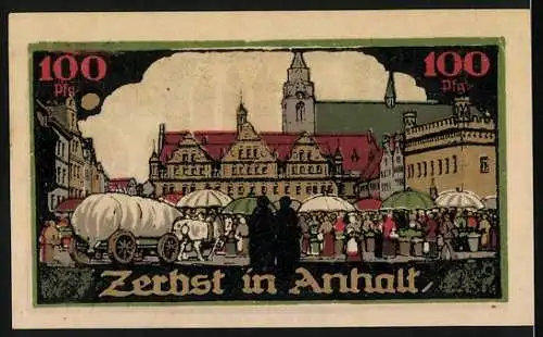 Notgeld Zerbst, 1921, 100 Pf, Vorderseite zeigt Burg und Ritter, Rückseite zeigt Marktszene und Stadtansicht