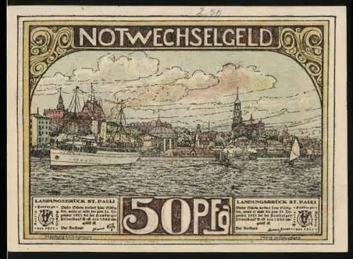 Notgeld St. Pauli 1921, 50 Pf, Landungsbrücke und Stadtansichten mit Kirchen und Hafenszene