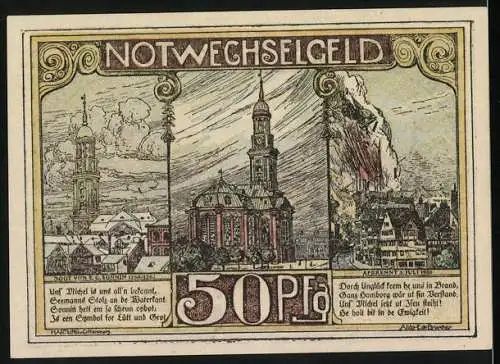 Notgeld St. Pauli 1921, 50 Pf, Landungsbrücke und Stadtansichten mit Kirchen und Hafenszene