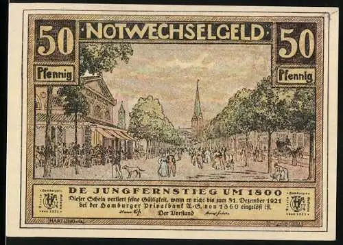 Notgeld Hamburg 1921, 50 Pfennig, De Jungfernstieg um 1800 und Hamburger Bürgerwehr um 1560
