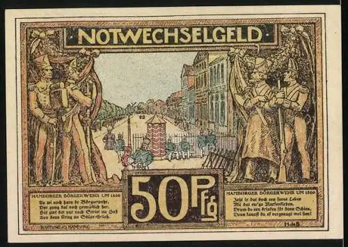 Notgeld Hamburg 1921, 50 Pfennig, De Jungfernstieg um 1800 und Hamburger Bürgerwehr um 1560