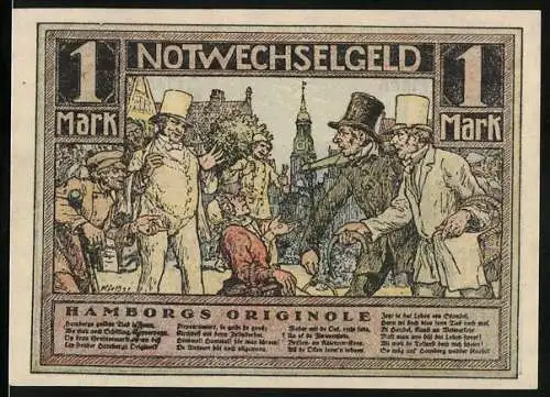 Notgeld Hamburg, 1921, 1 Mark, Vorderseite mit Hamburgs Originalen, Rückseite mit Dorfansicht und Windmühlen