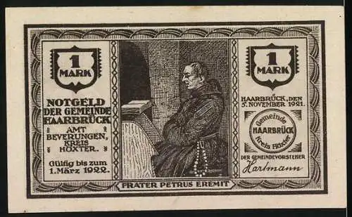 Notgeld Haarbrück 1921, 1 Mark, Kapelle Klus-Eddessen und Frater Petrus Eremit