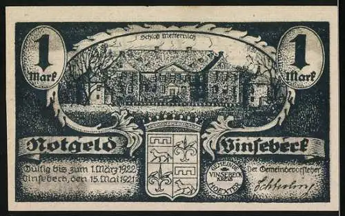 Notgeld Vinsebeck, 1921, 1 Mark, Schloss Vinsebeck und Reliefszene