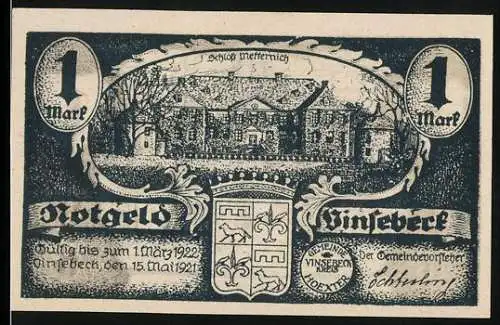 Notgeld Vinsebeck 1921, 1 Mark, Abbildung von Schloss Vinsebeck und historische Szene