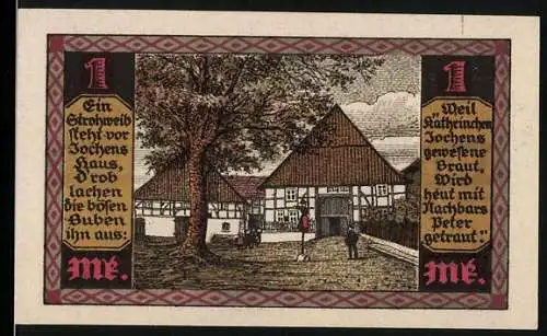 Notgeld Drenke 1921, 1 Mark, Darstellung eines Bauernhauses und der Burgruine Eresburg in Drenke
