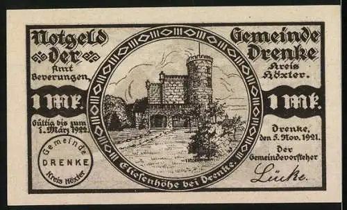 Notgeld Drenke 1921, 1 Mark, Darstellung eines Bauernhauses und der Burgruine Eresburg in Drenke