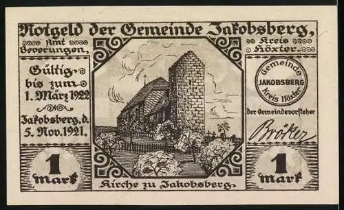 Notgeld Jakobsberg 1921, 1 Mark, Vorderseite Jakobsbrunnen Rückseite Kirche zu Jakobsberg