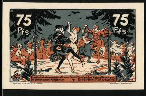 Notgeld Brocken, 1921, 75 Pfennig, Tanzende Figuren in einem Wald mit Apfelbäumen und Mephistopheles