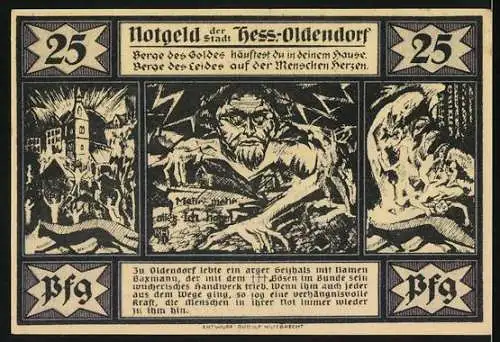 Notgeld Hess-Oldendorf, 1921, 25 Pfennig, historische Stadtansicht und kunstvolle Illustrationen