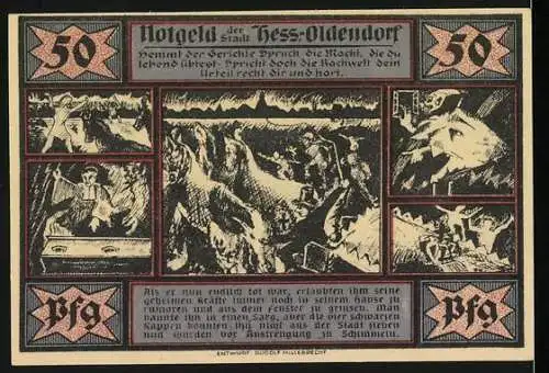 Notgeld Hess-Oldendorf, 1921, 50 Pfennig, Historische Darstellungen und Texte, Seriennummer 031875