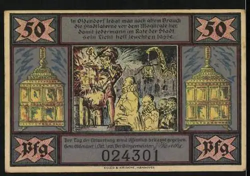 Notgeld Hess-Oldendorf, 1921, 50 Pfennig, Szenen der Stadtgeschichte und traditionelle Stadtlaterne