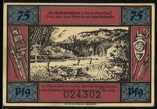 Notgeld Hess-Oldendorf, 75 Pfennig, Blick aus dem Talschlucht mit der Blutbache und historische Szenen