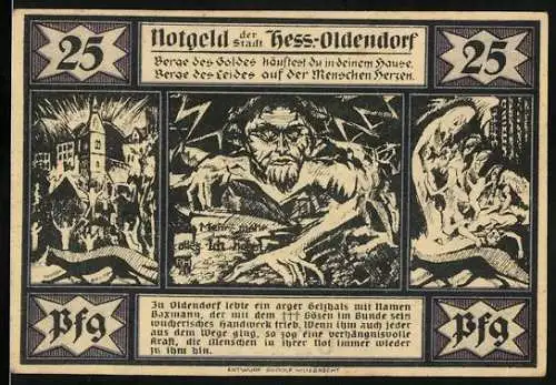 Notgeld Hess-Oldendorf 1921, 25 Pfennig, Historische Illustrationen und Stadtansicht