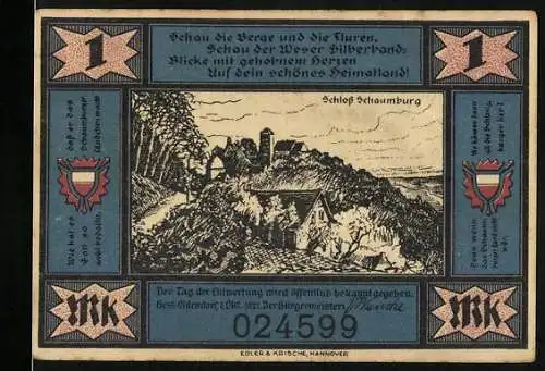 Notgeld Hess-Oldendorf, 1921, 1 Mark, Schloss Schaumburg und historische Szenen