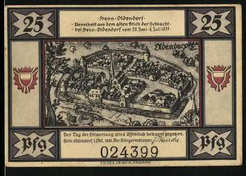 Notgeld Hessisch Oldendorf, 1921, 25 Pfennig, Stadtansicht und Szenen mit mythologischen Figuren