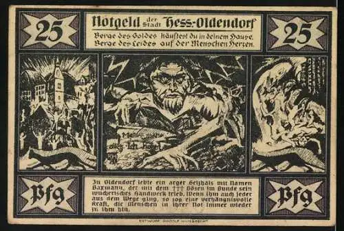 Notgeld Hessisch Oldendorf, 1921, 25 Pfennig, Stadtansicht und Szenen mit mythologischen Figuren