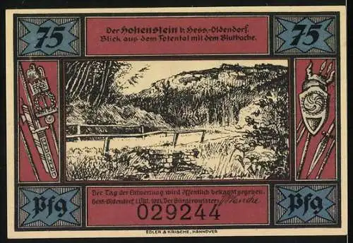 Notgeld Hess-Oldendorf, 1921, 75 Pfennig, liebe zu Menschen und Hohenstein, Blick aus dem Tal mit dem Blutbach