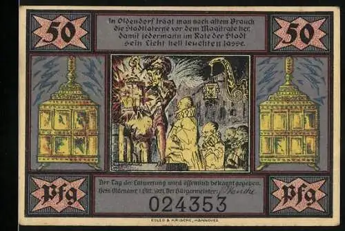 Notgeld Hess-Oldendorf, 1921, 50 Pfennig, Illustration alter Brauch und Gerichtsspruch, Seriennummer 024353