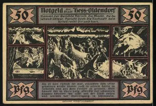 Notgeld Hess-Oldendorf, 1921, 50 Pfennig, Illustration alter Brauch und Gerichtsspruch, Seriennummer 024353