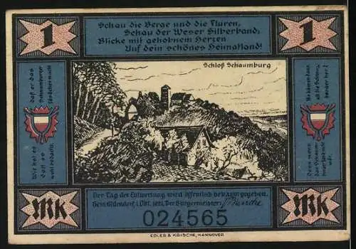 Notgeld Hess-Oldendorf, 1921, 1 Mark, historische Szenen und Schloss Schaumburg, Serie 024565