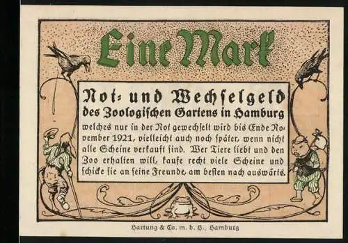 Notgeld Hamburg, 1921, 1 Mark, des Zoologischen Gartens, Illustrationen von Menschen und Tieren