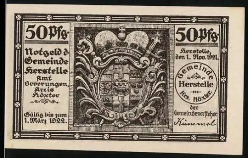 Notgeld Herstelle 1921, 50 Pfennig, Wappen mit Krone und Schwert, bedruckte Rückseite mit farbigem Motiv