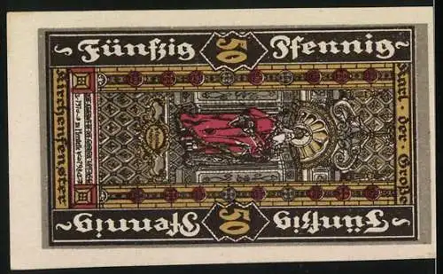 Notgeld Herstelle 1921, 50 Pfennig, Wappen mit Krone und Schwert, bedruckte Rückseite mit farbigem Motiv